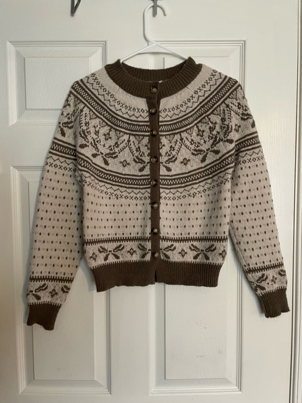 Heartloom Womens XS Cropped Fair Isle Button-Front Cardigan - Cream & Brown